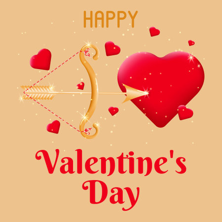 Valentine's card with a bow and arrow of Cupid shooting a red heart. Postcard for February 14th. The concept of celebrating Valentine's Day and love. vector illustration.のイラスト素材