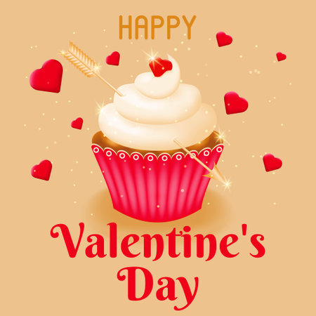 Valentine card with cupcake with cream pierced by cupid's arrow. Postcard on February 14. The concept of celebrating Valentine's Day. vector illustration.のイラスト素材