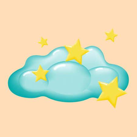 Cartoon blue fluffy cloud with yellow stars isolated on a beige background. vector illustration.のイラスト素材
