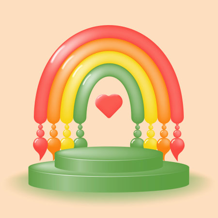 Decorative colorful podium with a cute rainbow for advertising goods for children. product promotion concept. vector illustration.のイラスト素材
