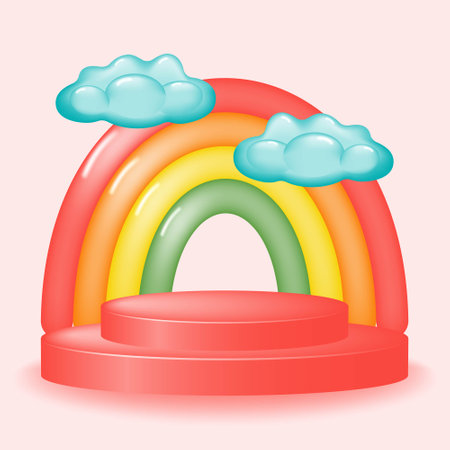 Empty podium 3d with colorful rainbow and clouds in cartoon style. Colorful banner for product presentation. Round pedestal for advertising.Vector illustration.のイラスト素材