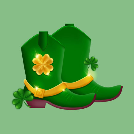 A pair of green Leprechaun boots with gold buckles and a shamrock. Elven shoes for the Irish St. Patrick's Day festival. holiday symbol. vector illustration.のイラスト素材