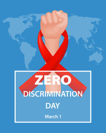 Design celebrating Zero Discrimination Day with a red ribbon and a clenched fist against a blue world map background. Celebrate Zero Discrimination Day and promote equality with this image.のイラスト素材