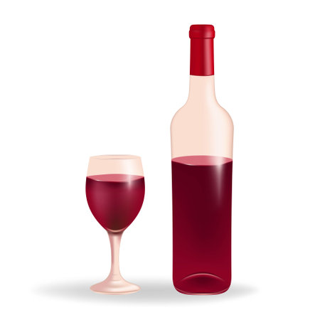 Wine glass filled with red wine, along with a wine bottle, on a white background. Perfect for wine lists, menus, or any project related to wine, beverage, celebration, and luxury.のイラスト素材