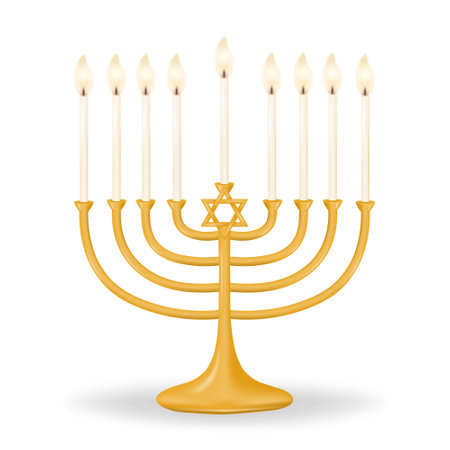 Gold Hanukkiah with nine candles on a clean white background. Ganukkah menorah for nine candles. Perfect for your holiday designs. vector illustration.のイラスト素材