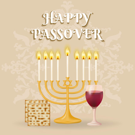 Wishing you a joyful Passover celebration! This festive background showcases the Menorah, Matzah,...