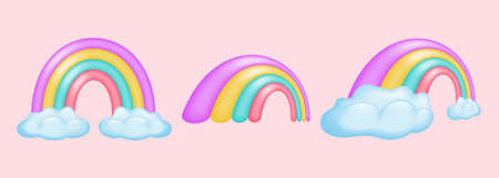 Collection of 3D cartoon rainbows in vibrant colors. Cartoon rainbow in different positions, with and without clouds. vector illustration.のイラスト素材