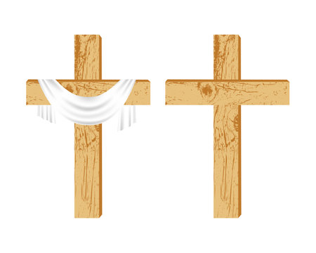 Two wooden Christian crosses. A simple wooden cross with and without a shroud on a white background. Design element for religious holidays and themes. vector illustration.のイラスト素材