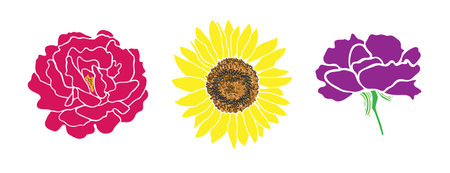 Set of bright flowers. Rose, sunflower, carnation in flat style. The vivid colors and simple floral outline design. For use in digital or print design projects. vector illustration.のイラスト素材