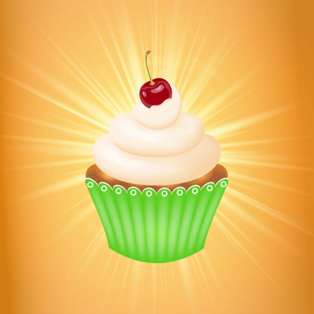 Cupcake with cream and cherry. Cupcake with whipped cream and cherries, packaged in a green corrugated paper cup, placed on a sparkling background. vector illustration.のイラスト素材