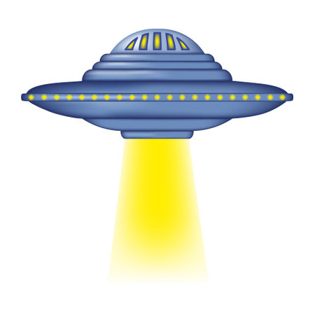 A UFO taking off emitting a powerful beam of light. Isolated alien spaceship with yellow light. Flying saucer 3d. vector illustration.のイラスト素材