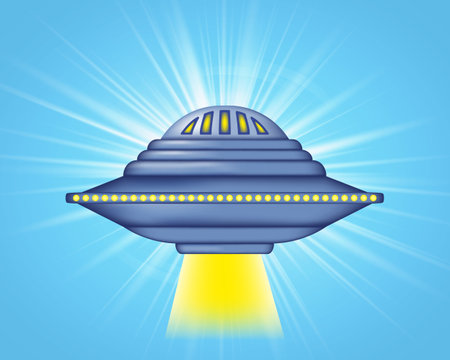 Spaceship alien UFO on a blue background of bright rays of light. Flying saucer with yellow lights in retro style. UFO vintage poster. vector illustration.のイラスト素材