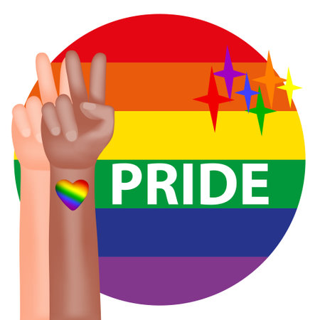 Pride month. A poster with a rainbow flag of the LGBT community and the hand of people with light and dark skin and the Victoria gesture. vector illustration.のイラスト素材