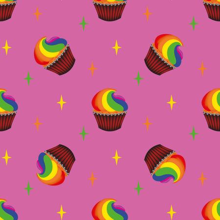 Pop art seamless pattern with colorful cupcakes and stars on a pink background. Seamless background with sweets. Retro design for fabric, wallpaper, wrapping paper. vector illustration.のイラスト素材