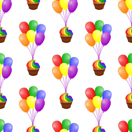 Seamless pattern with bunches of colorful balloons and cupcakes on a white background. Design for holiday decoration, fabric, wallpaper or wrapping paper. vector illustration.のイラスト素材