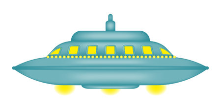 Quirky isolated cartoon flying saucer. UFO day. UFO with bright yellow lights. Fantastic alien spaceship. Vector illustration.のイラスト素材