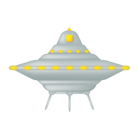 The spaceship has landed. UFO alien space travel vehicle isolated. Flying saucer with bright lights. Vector illustration.のイラスト素材