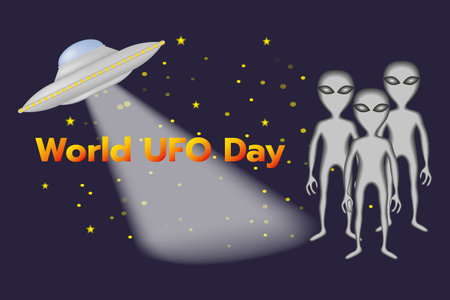 World UFO Day. Alien in space. Vector illustration with flying saucer, aliens, night sky with stars. For poster, banner, greeting card.のイラスト素材