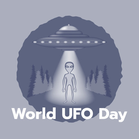 Monochrome poster with a flying saucer and an alien. Postcard, print, round badge for International Ufo Day. Ufo flying in the sky. Vector illustration.のイラスト素材