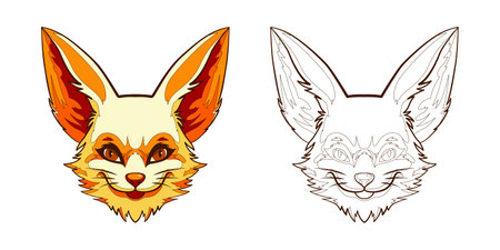 Fennec fox head coloring book page. Antistress coloring book with an animal for children and adults. Vector illustration.のイラスト素材