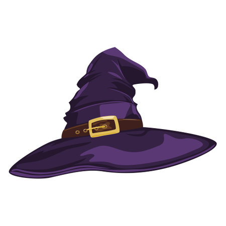 Halloween witch hat. Purple witch hat with brown belt and gold buckle. Wizard hat isolated. Design...