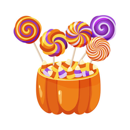 Lollipops in a Halloween pumpkin bowl with candy corn. Lollipop in a basket. Halloween sweets, Holiday treats. Vector illustration.のイラスト素材