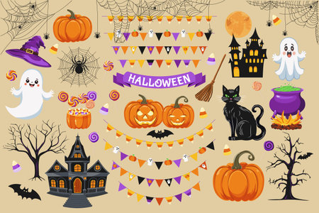 Halloween symbols. jack o lantern haunted house black cat witch hat candy bat full moon flag garland ghost pumpkin spider web cauldron broomstick spider candy corn. Vector icons set.のイラスト素材