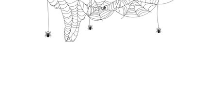 Halloween border with abstract spiderweb texture with spiders. Decor for Halloween celebration. Abstract texture of insect traps. Isolated graphic template. Vector illustration.のイラスト素材