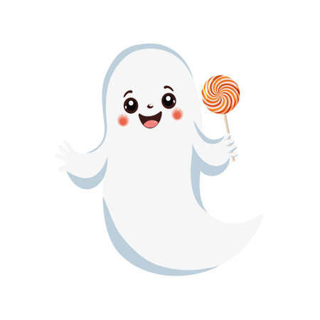 Cute Halloween ghost with a candy lollipop in his hand. Creepy cartoon spirit ghost. Traditional symbol and design element for Halloween celebration. Cartoon vector illustration.のイラスト素材