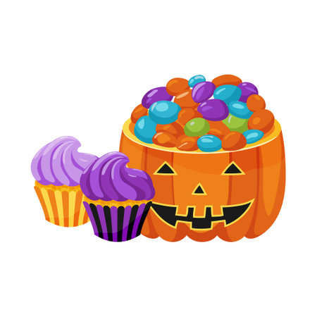 Halloween traditional sweet treat. Orange pumpkin bowl with candies and purple cupcakes. Sweet food reward trick or treat during Halloween celebration. Vector illustration.のイラスト素材