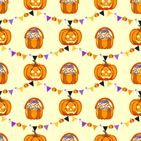 Cute Halloween background with a basket full of sweets, a jack o lantern and a garland bunting. Decor for Halloween celebration. For wallpaper, gift paper, fabric, holiday decoration, greeting cards.のイラスト素材
