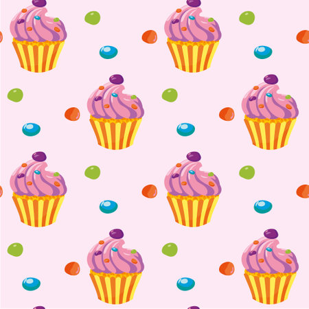 Background with pink cupcakes and colorful candies. Cute cartoon baked goods. Seamless pattern with sweets and confectionery. Vector illustration.のイラスト素材