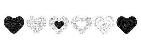 Collection of heart shape icons with sandy texture. Different symbols and signs in the form of a heart with a grainy noise effect in black. Vector illustration.のイラスト素材