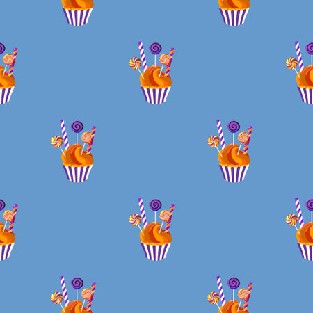 Seamless pattern with sweets on a blue background. Seamless background with cupcakes. For wrapping paper, packaging, fabric, wallpaper.のイラスト素材