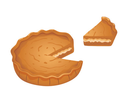 Isolated cut pie and piece of pie. Fragrant sweet pastry made from dough with a crispy crust. A confectionery product made from flour with filling and spices. Vector illustration.のイラスト素材