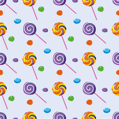 Sweet candy seamless pattern. Childrens background with sweets, caramel, nuts in sugar glaze. For wrapping paper, packaging, fabric, wallpaper. Vector illustration.のイラスト素材