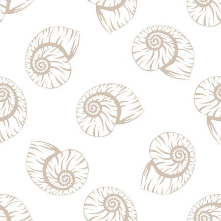 Seamless pattern with shells. Background with seashell on white. Texture of a tropical sea mollusk or snail with a spiral shell. Vector illustration.のイラスト素材