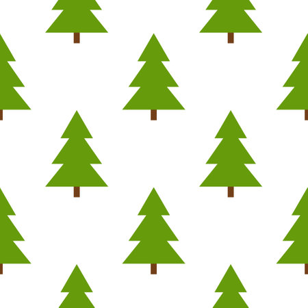 Seamless pattern template of forest pine, coniferous evergreen tree. Background with fir trees. Cartoon flat style. Symbol of Christmas and New Year. For wrapping paper, packaging, fabric, wallpaper.のイラスト素材