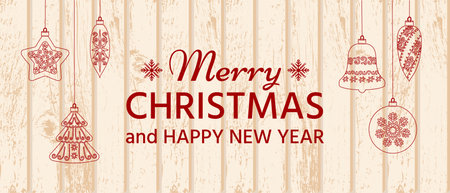 Christmas and New Year banner with outlines of Christmas tree decorations on a wooden background. Vector illustration.のイラスト素材