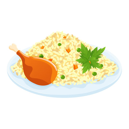 Vector illustration of a dish with rice, chicken and vegetables. Rice dish with meat on a flat plate.のイラスト素材