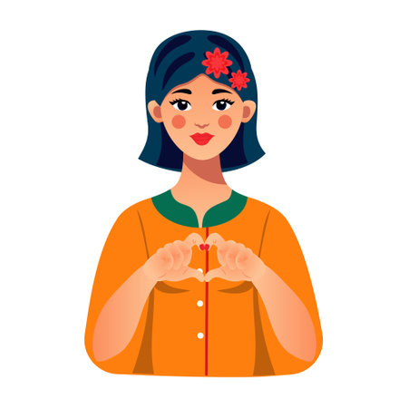 A cute European girl makes a heart shape with her hands. Young woman showing heart sign. Concept for International Womens Day, Valentines Day, love. Vector illustration.のイラスト素材