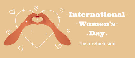 March 8 template in y2k aesthetics for International Womens Day. Background with the slogan Inspire Inclusion, where two hands make a heart shape. IWD 2024 campaign.のイラスト素材