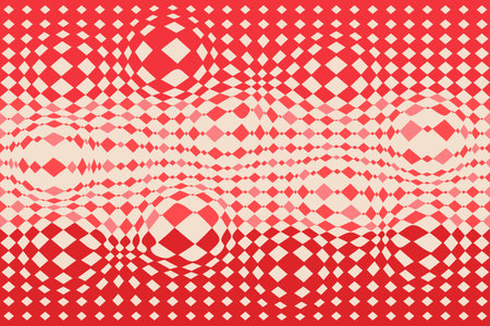 Psychedelic retro pattern with distorted checkerboard. Groovy seamless rectangle background. Pink red color. Vintage wallpaper Vector illustration.のイラスト素材