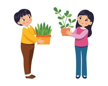 Child with a flower. Happy boys and girls share potted plants in a fun plant exchange between friends. Friendship concept. Vector illustration.のイラスト素材