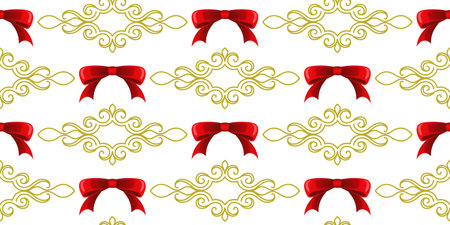A pattern of red bows and gold swirls on a white background. For fabric, wallpaper, wrapping paper, holiday packaging. Vector illustration.のイラスト素材