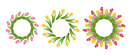 Set of floral wreaths with tulips. Spring flower wreath. Vector illustration.のイラスト素材