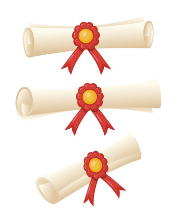 Rolled up graduation diploma scroll with red ribbon and seal, in different positions. Template of paper scroll with seal, certificate of education, antique letter on parchment, ancient manuscript.のイラスト素材