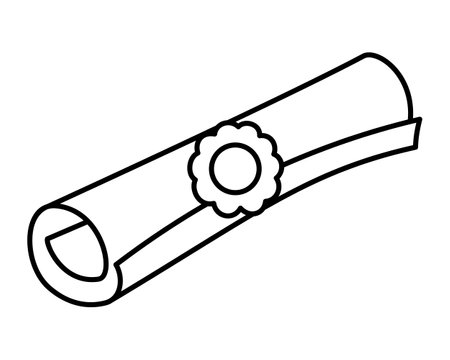 Simple black outline graduation diploma icon with ribbon. Line art illustration of a rolled certificate with ribbon celebrating graduation ceremony. Vector illustration.のイラスト素材