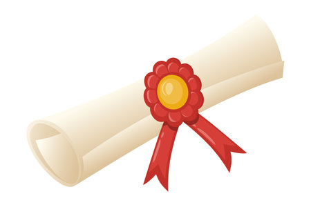 Graduate diploma paper scroll with wax seal and red ribbon. Classic graduation ceremony certificate. The rolled paper, reminiscent of ancient document.のイラスト素材