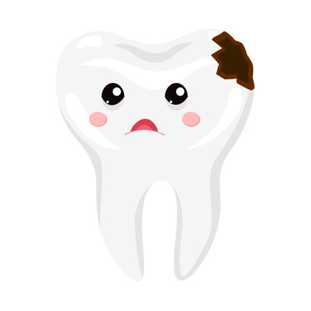 Sad cartoon tooth with caries for pediatric dentistry. Cute bad tooth with hole. Oral care.のイラスト素材